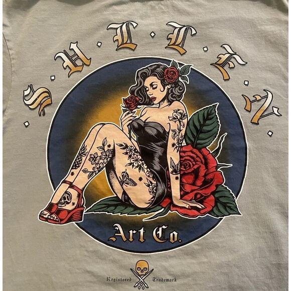 Sullen Other - Sullen Art Collective T Shirt One Rose Graphic Pin Up Girl Sea Foam Small A125